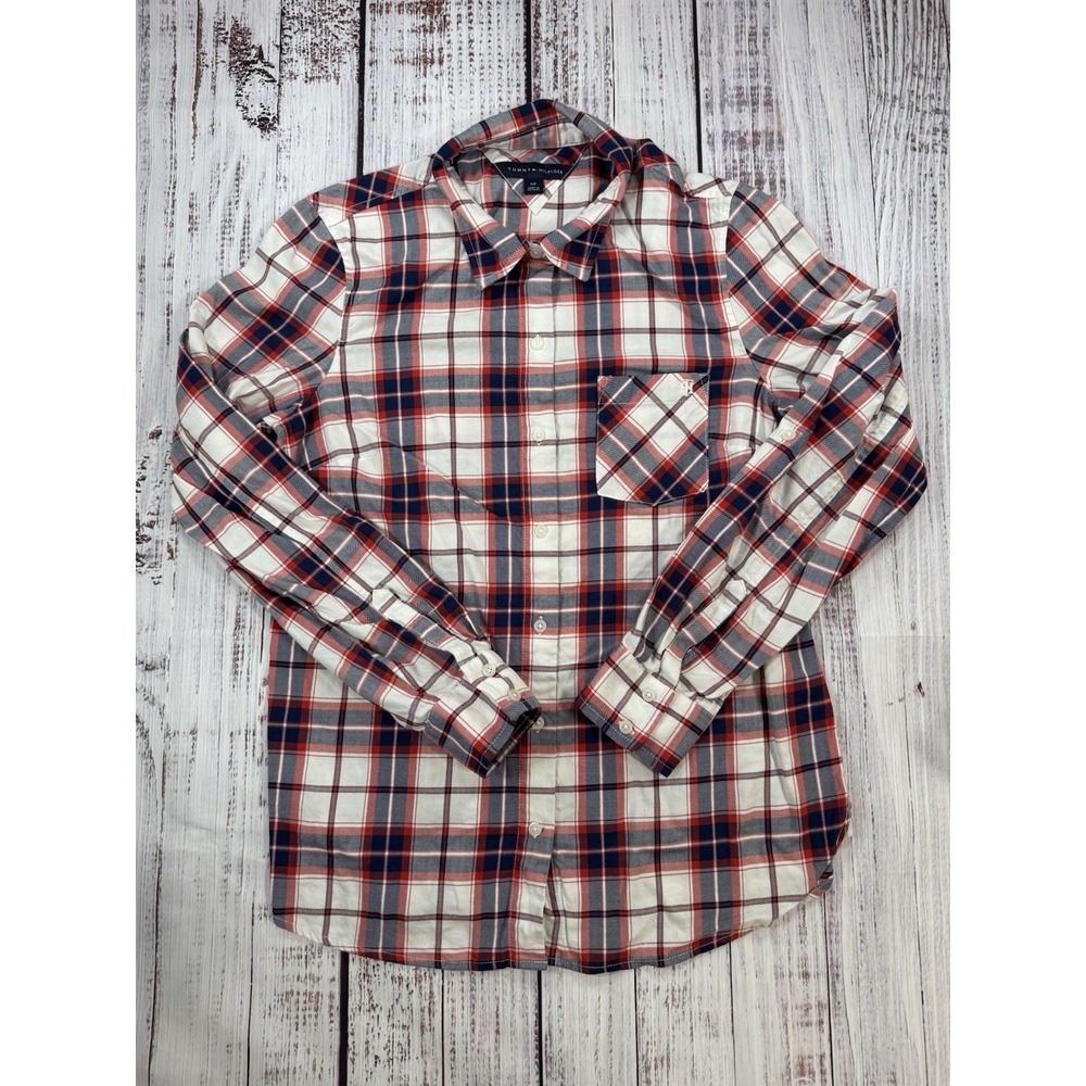 Tommy Hilfiger Shirt Men's Long Sleeve Button Up Red‎ White Plaid Size Small